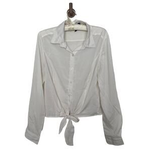 Vintage 90’s L White Button Down Satin Effect Tie Front Long Sleeve Shirt